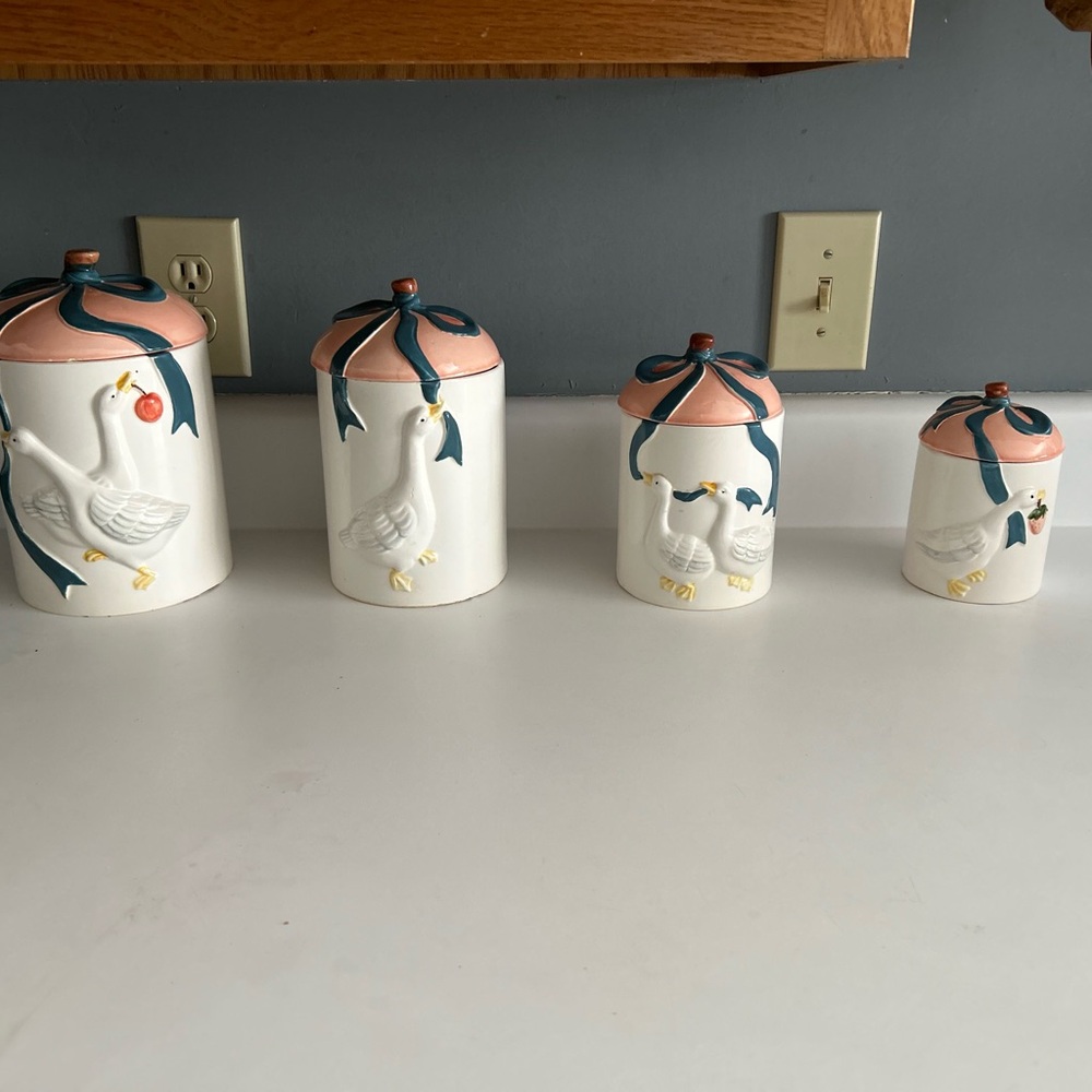 Vintage Charming Goose Ceramic Canister Set with Pink Lids